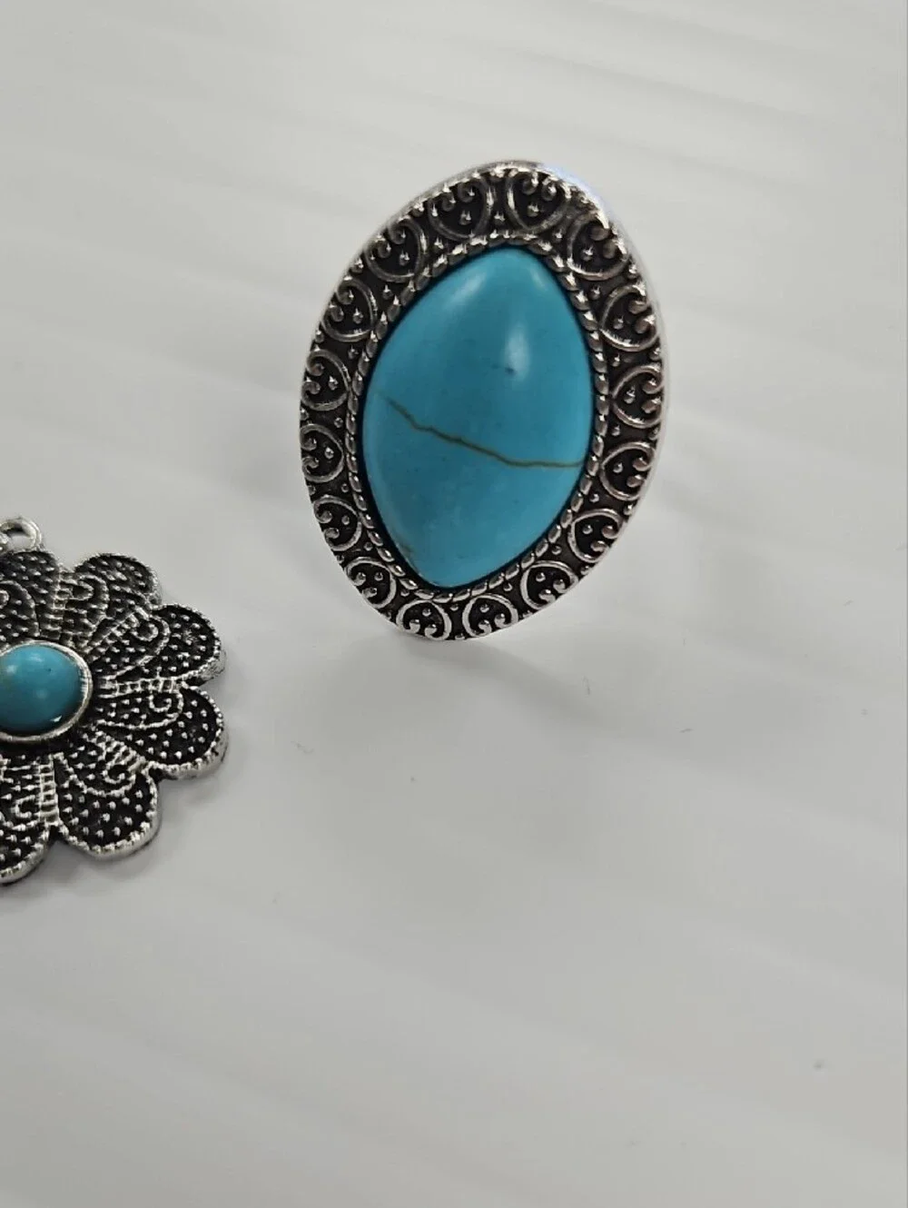 Turquoise Silver Flower Drop Earrings and Ring Set